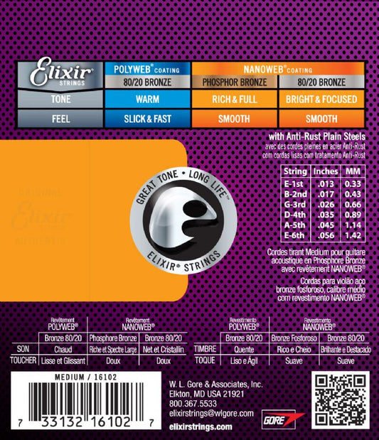 Elixir Phosphor Bronze Acoustic Guitar Strings with NANOWEB.
